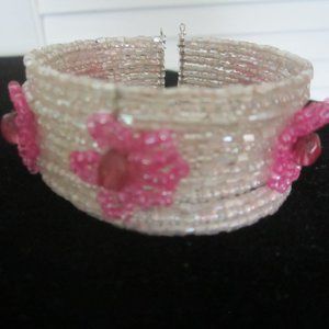 Bracelet - White Shimmer Seed Beads with Hot Pink Seed Bead Flowers - Cuff Style